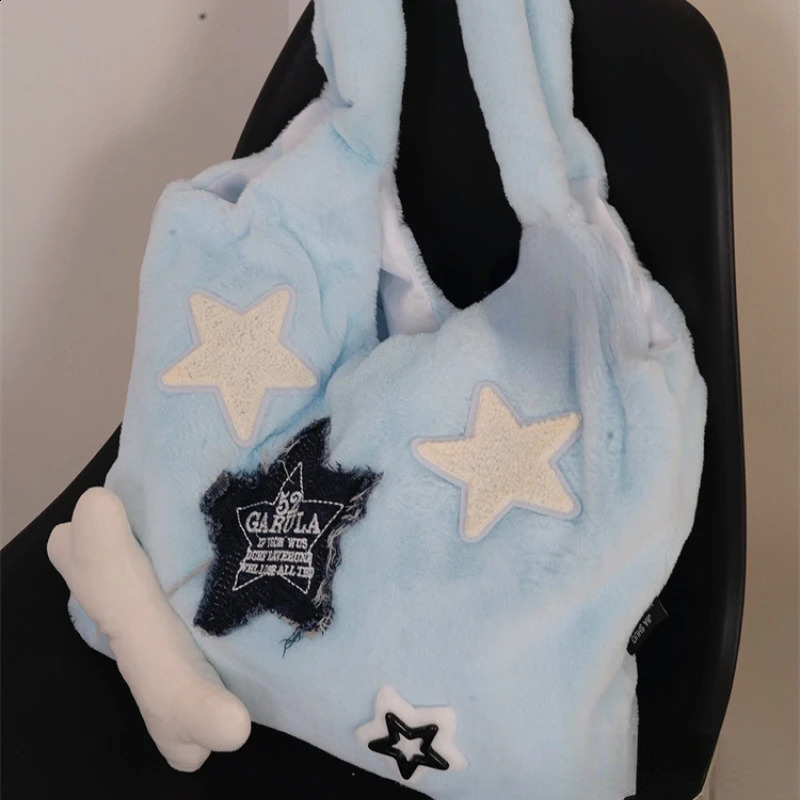 Furry Colored Star Women Kawaii Cute Shoulder Bags Korean Preppy Sweet Y2k Aesthetic Handbags Casual Fashion Chic Underarm Bag 240824