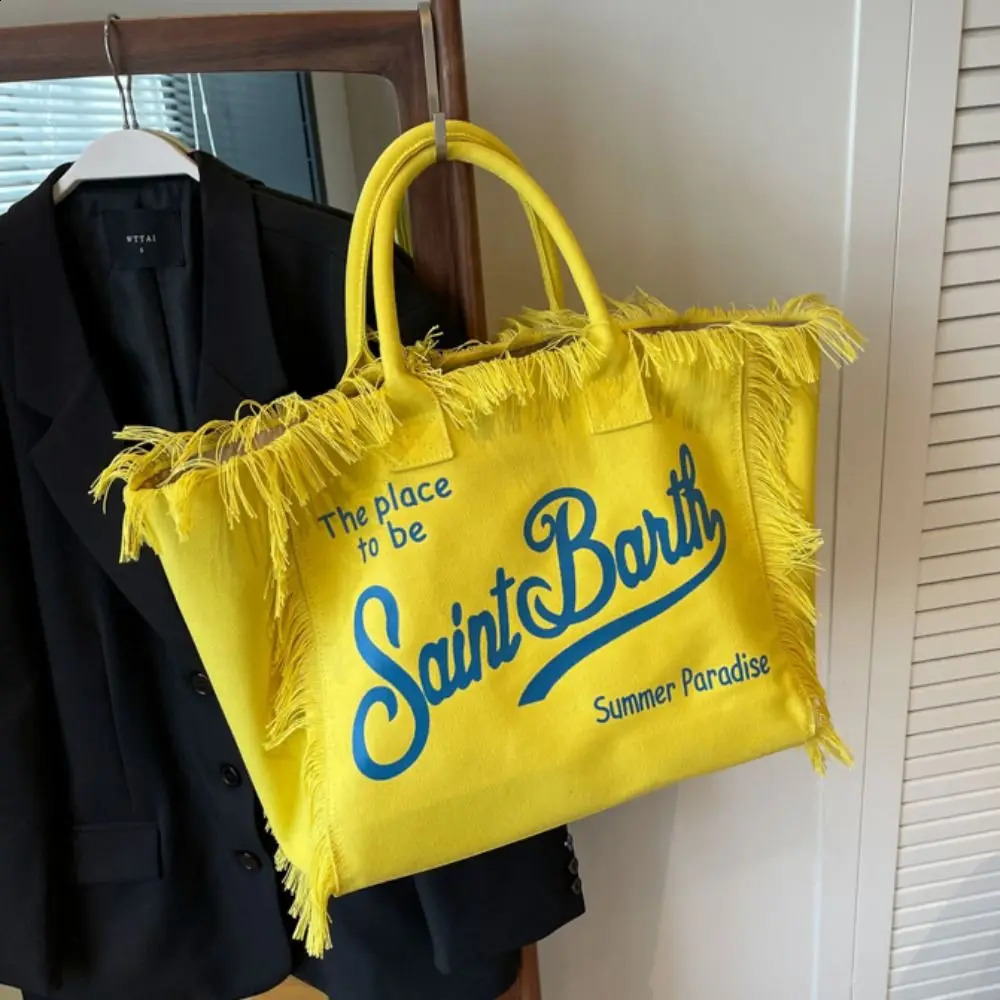 Tassel Women Canvas Bag Large Capacity High Quality Beach Tote Bag Letter Simple Style Casual Shoulder Bag Travel 240826