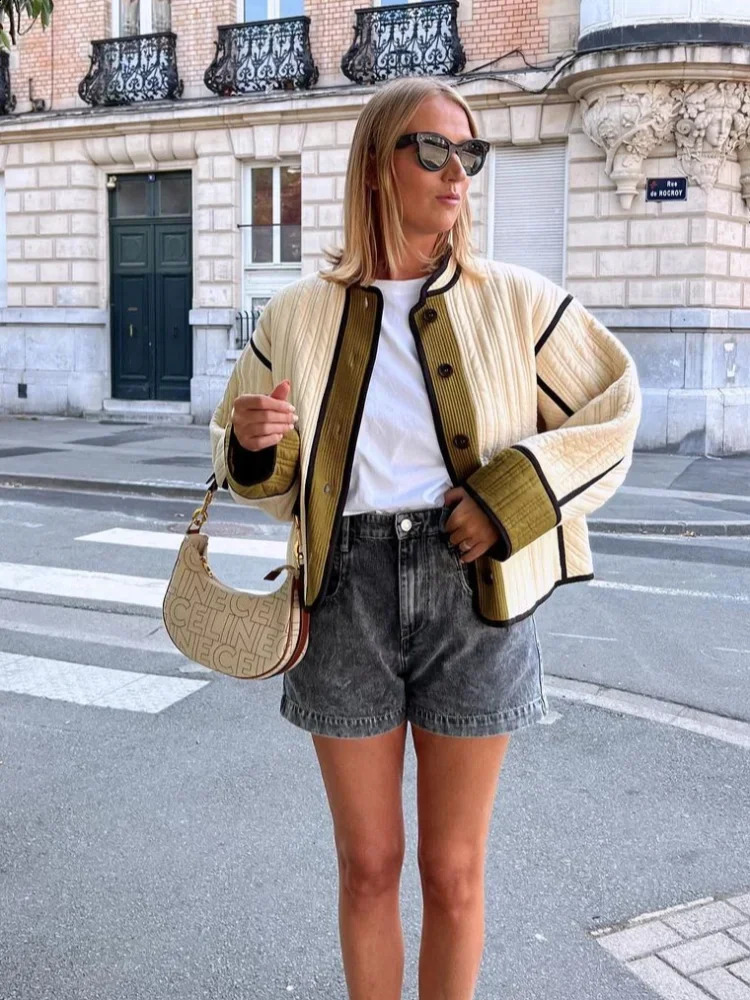 Women Fashion Single Breasted Contrast Jacket Stand Collar Pocket Long Sleeve Coats 2024 Chic Autumn Casual Lady Outerwear 240826