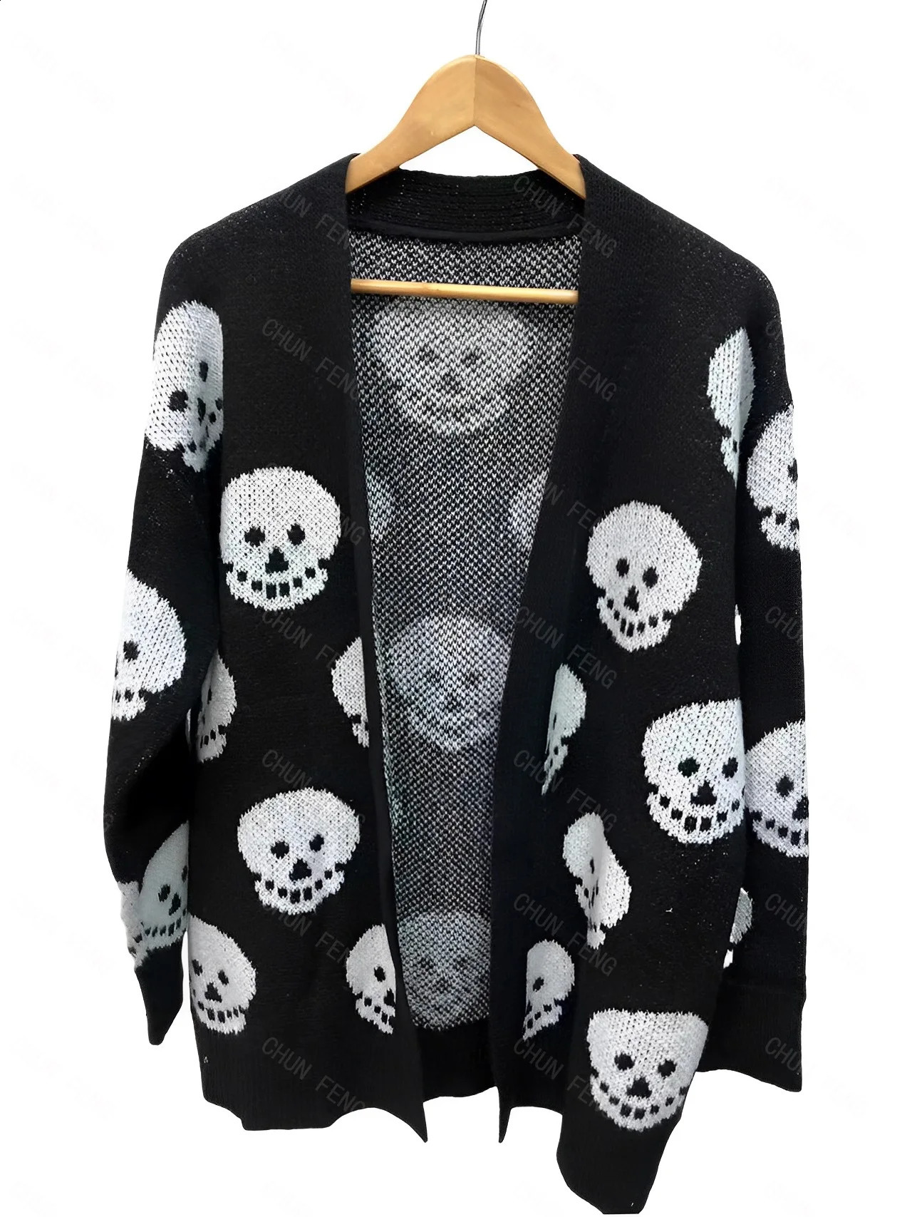Halloween skull knitted cardigan European and American womens jacquard long sleeved 240826
