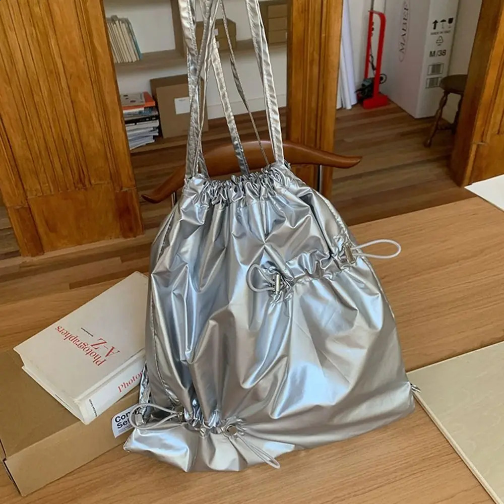 Cute Korean drawstring backpack commuting folding nylon Ruched backpack large capacity niche silver shoulder bag 240912