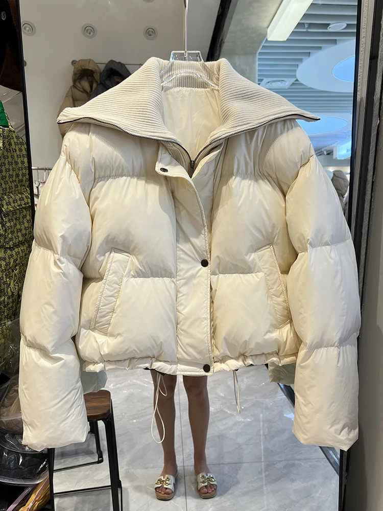 Winter Women Knitted Collar Down Jacket Short Loose Thin Fashion Thick White Duck Down Coat Fashionable Outerwear 240824