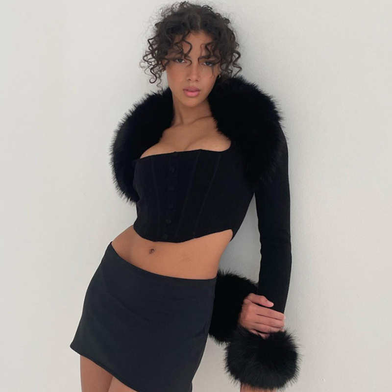 Artificial fur coat womens autumn clothing black short sleeved jacket knitted cut cardigan 240824
