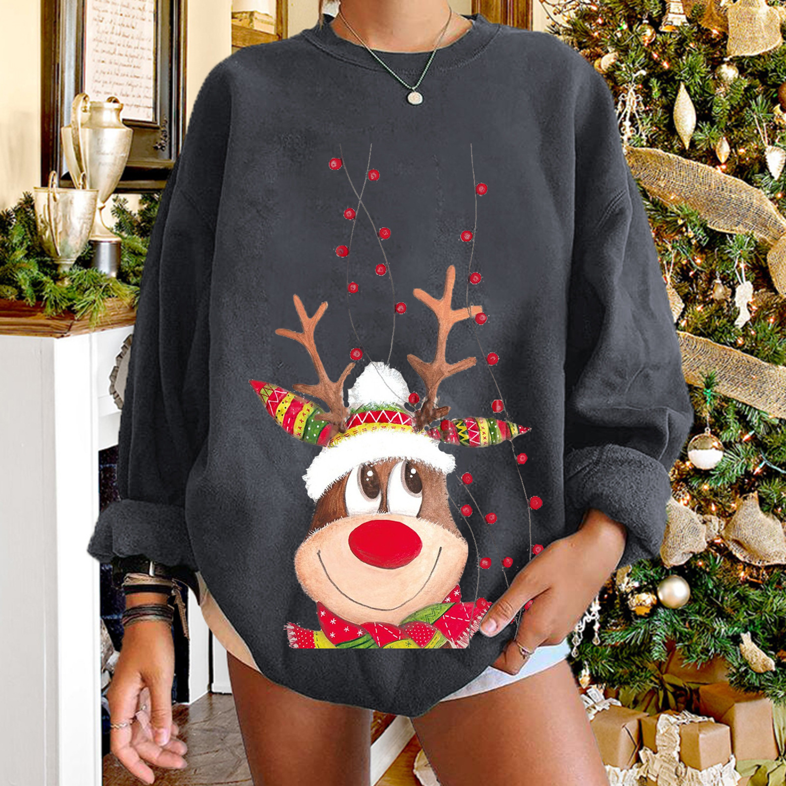 Ins style 2 cute reindeer hoodies with printed women's shoulder down, plus size round neck fleece hoodie for women dongdumaoyi