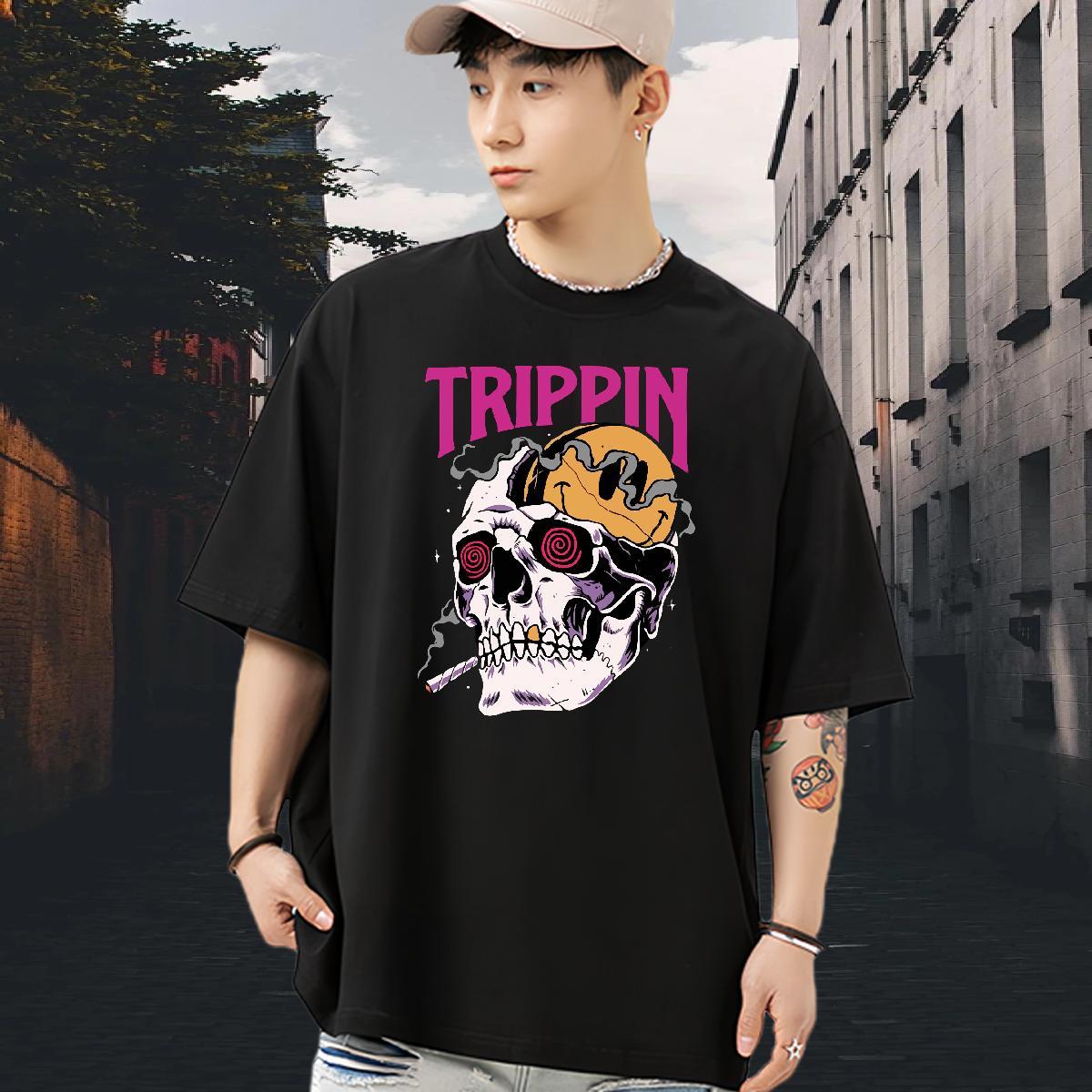 Loose Fit T shirt 100% Cotton 230g skull Anime Printing Street DIY Logo Oversized Short Sleeve O-Neck Men Clothes T-Shirt New Tshirts