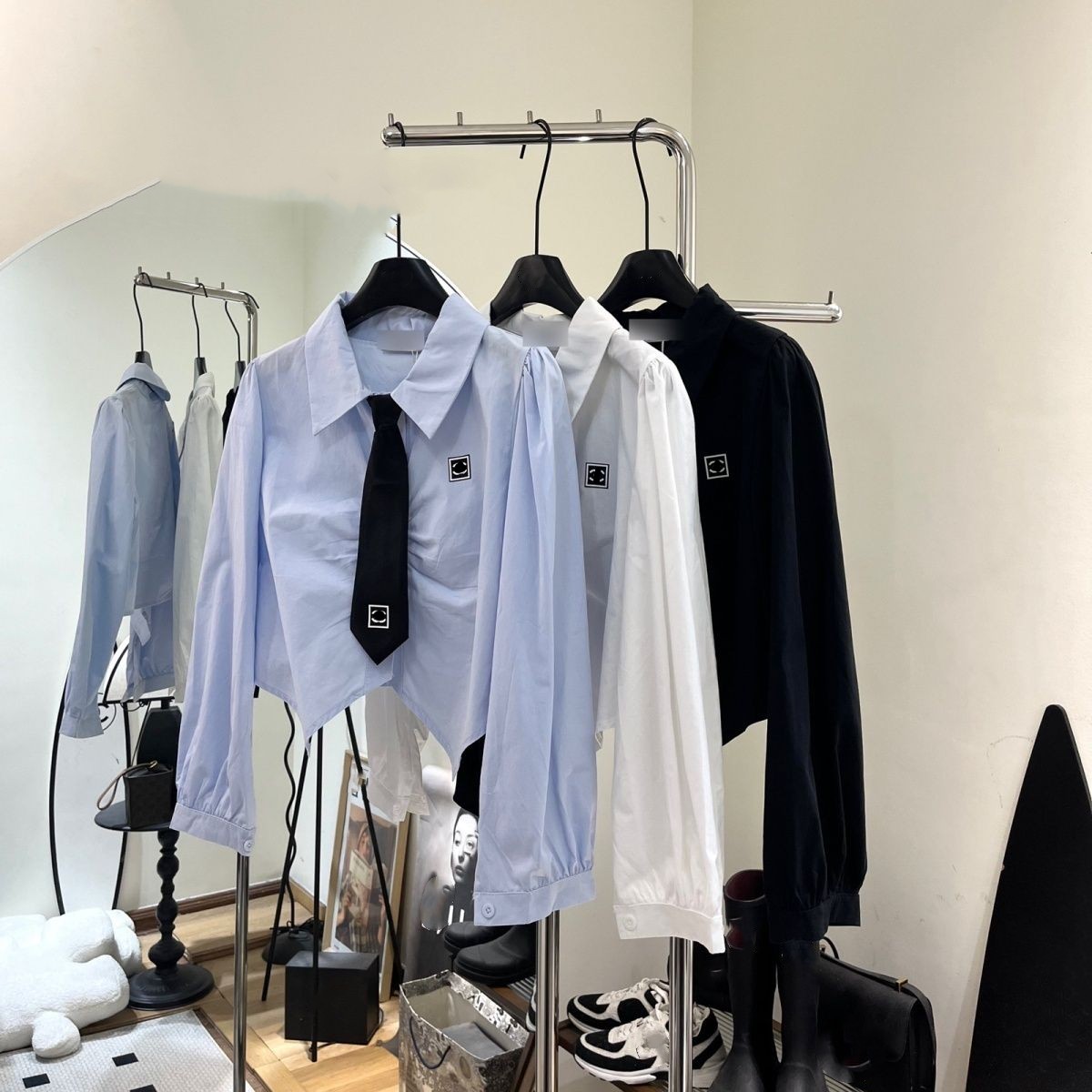 Women autumn new college style cute tie patchwork designer logo print long sleeve short blouse crop top shirts SML