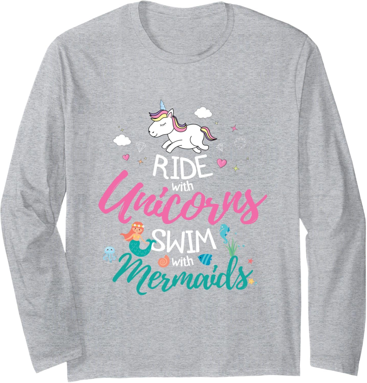Long Sleeve Shirts for Men sweatshirt Ride With Unicorns Swim With Mermaids Funny Gift Long Sleeve Tee Streetwear Casual tops clothes