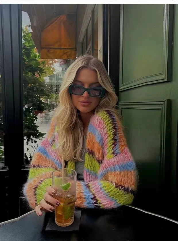 striped long sleeved rainbow plaid heavy handmade versatile cardigan sweater knitted sweater 240824
