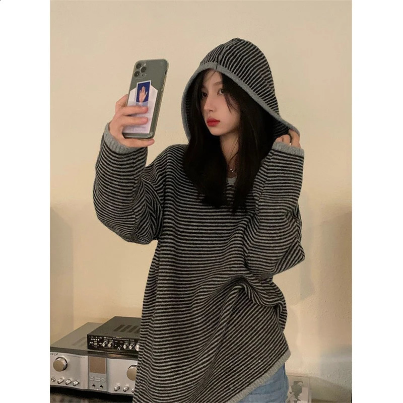 MEXZT Striped Hooded Sweater Womens Streetwear Oversized Knitted Pull Rod Y K Haruku Retro Korean Casual Jumper