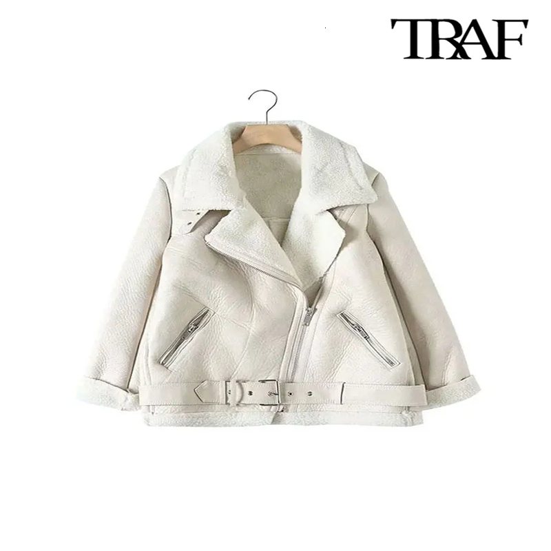 TRAF Womens Thick Warm Winter Fur Artificial Leather Oversized Jacket Long Sleeve Wear Fashion Top w240824