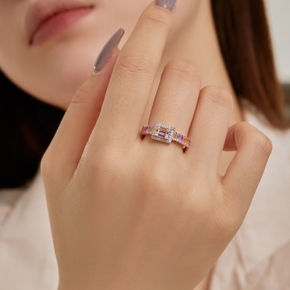 Korean version of new S pure sier closing ring with geometric shape, colored zircon, fashionable and versatile design for women's rings