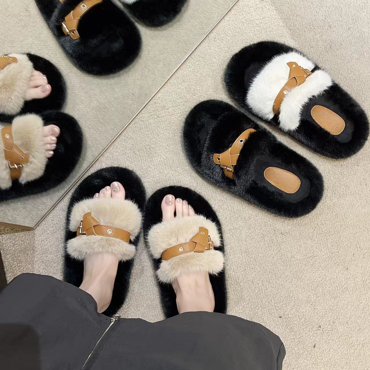 2023 Newest Fur Wool Sliders Women Fashion Sandals Shoes Green Towelling Slippers