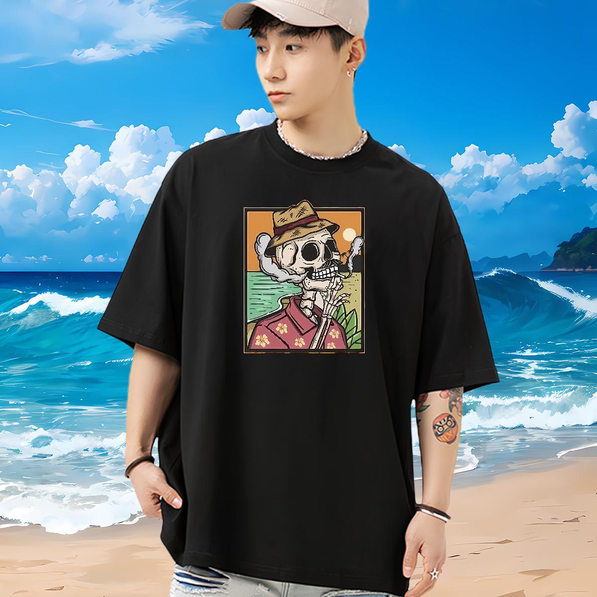 Soft Men T Shirts 230g 100% Cotton skull Hip Hop Plus Size Cartoon Breathable Short Sleeve Men Clothes T-Shirt Fashion New Tops