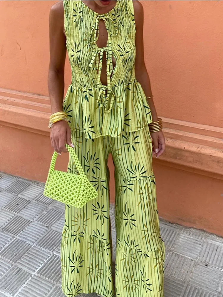 Women Fashion Casual Spliced Wide Leg Pleated Pants Set Chic Hollow Out Lace Up Flare Hem Shirt Suit Lady Holiday Elegant Outfit 240824