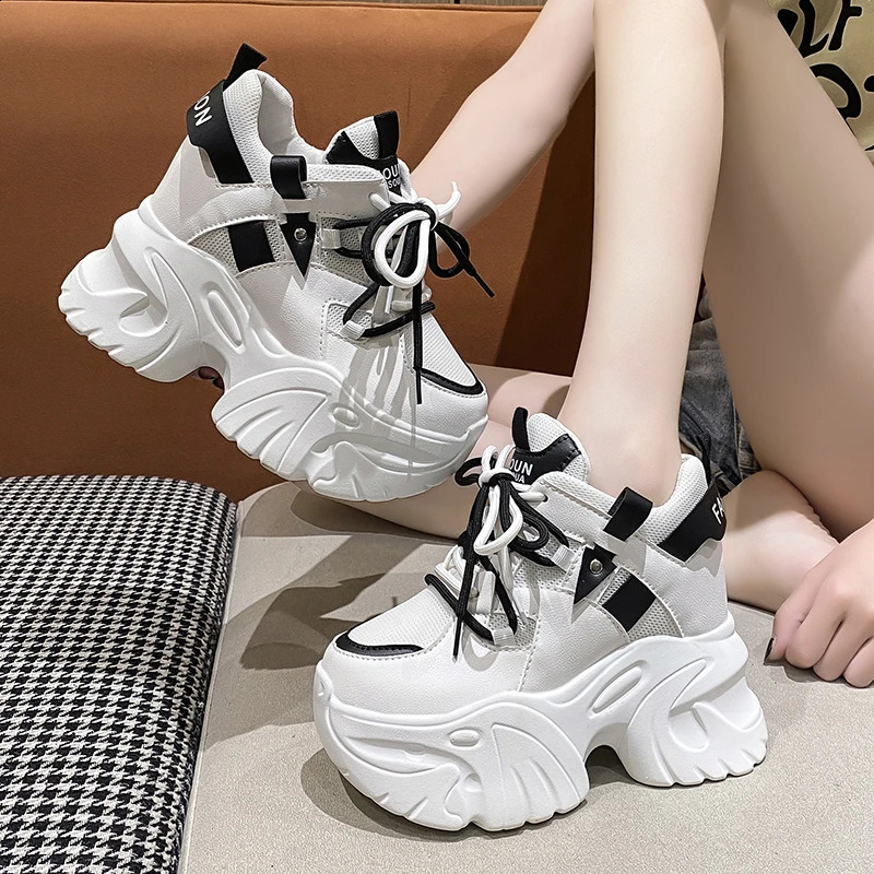 105CM Women Platform Sneakers Lace-up Autumn Sports Dad Shoes High Top Chunky Casual Woman Thick Bottom Mesh White 260415