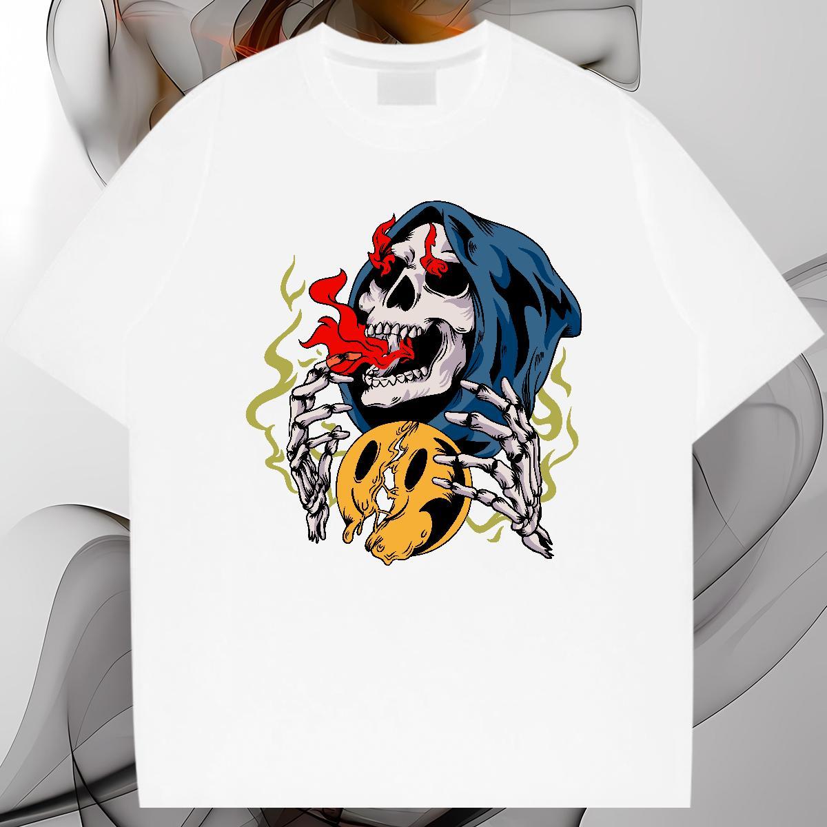 Popular T shirt 230g Pure Cotton skull Summer Casual Anime Print Short Sleeve O-Neck Mens Tshirts Stylist Clothes