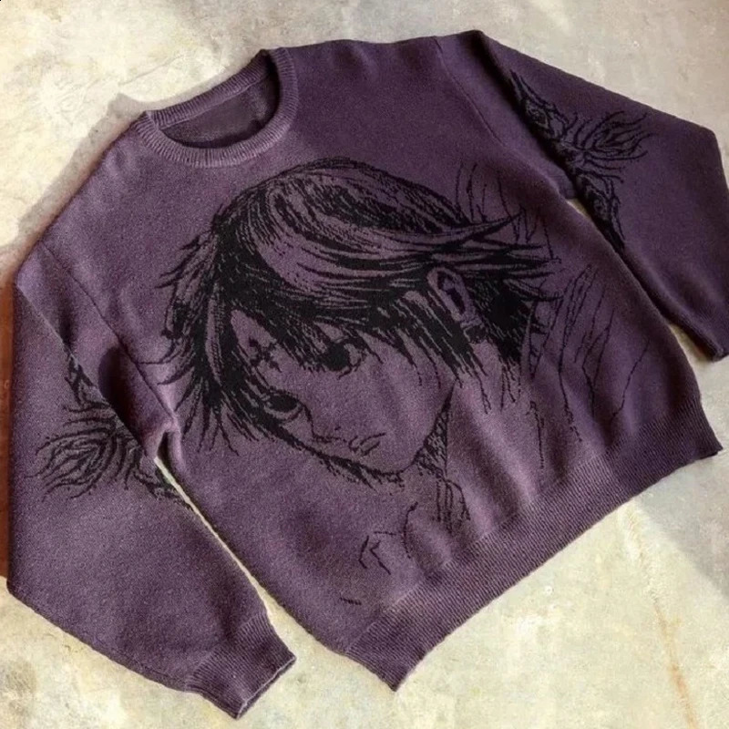 Womens Knitting Fashion Anime Print Sweater Harajuku Gothic Purple Sweater Men Pullover Y2K Oversized Sweater Streetwear 240824