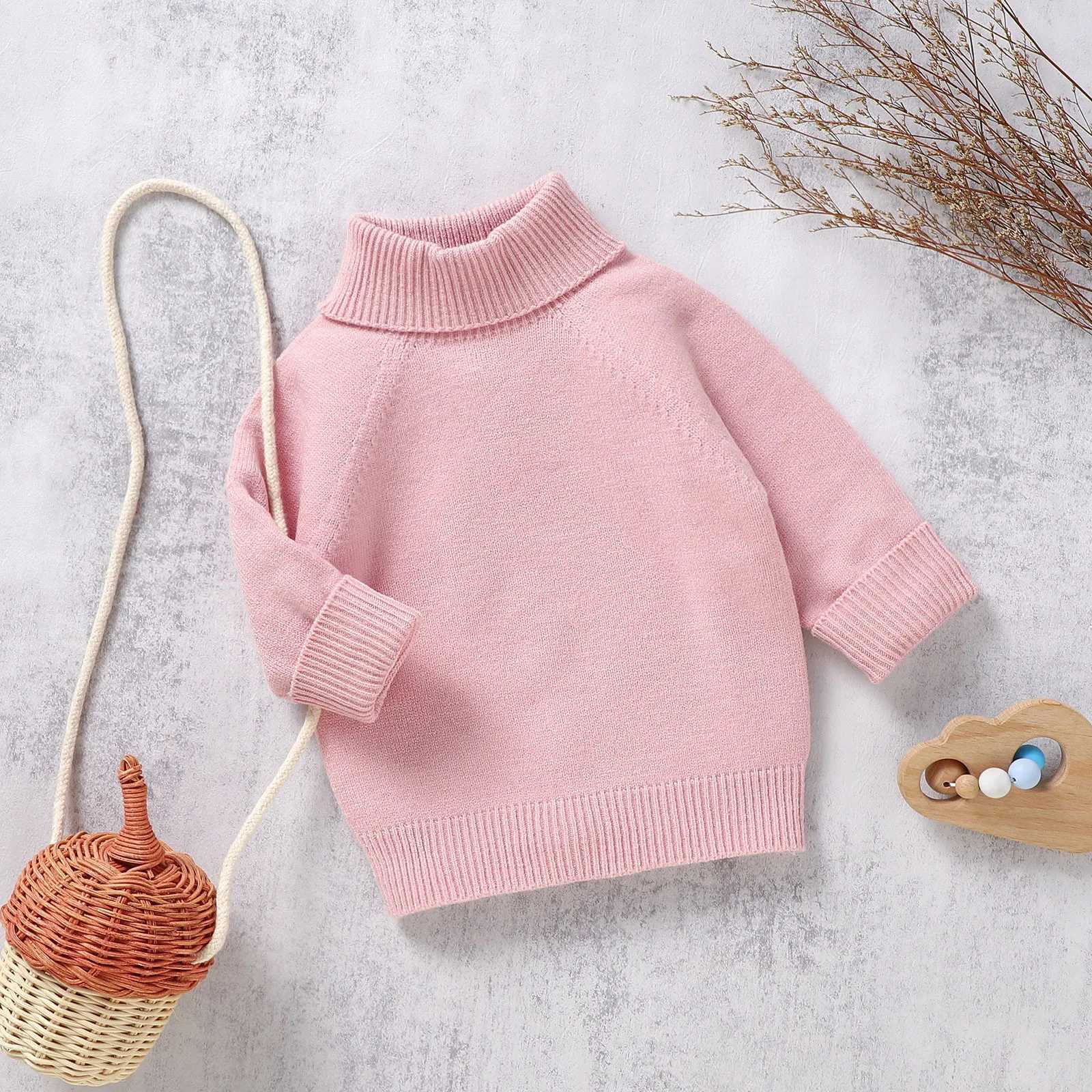 Baby sweater casual boys and girls solid knit cable turtle neck soft and warm baby high neck childrens pullerW240824