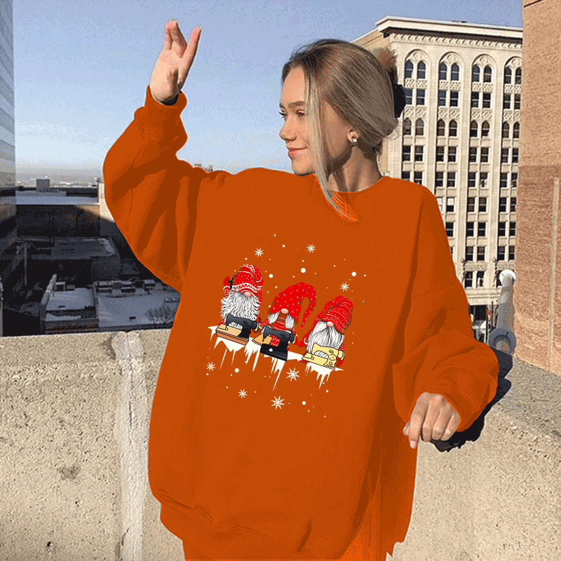 New Three Dwarfs Snowflake Print Shoulder Down Round Neck Fleece Hoodie Women's Top dongdumaoyi