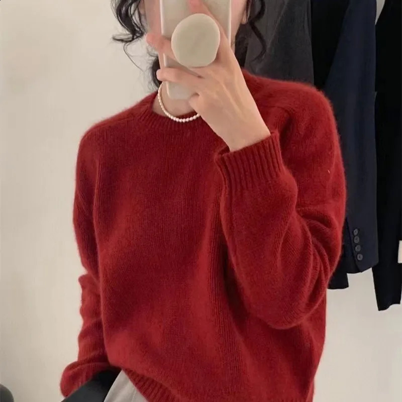 Autumn/Winter Round Neck Cashmere Sweater Womens Loose Korean 100% Pure Wool Knit Pullover Large Clothing For Female 240824