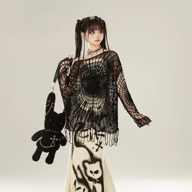 Retro black hollow outer knitted sweater summer spider web hole top womens Y2k shoulder long sleeved zipper 240826