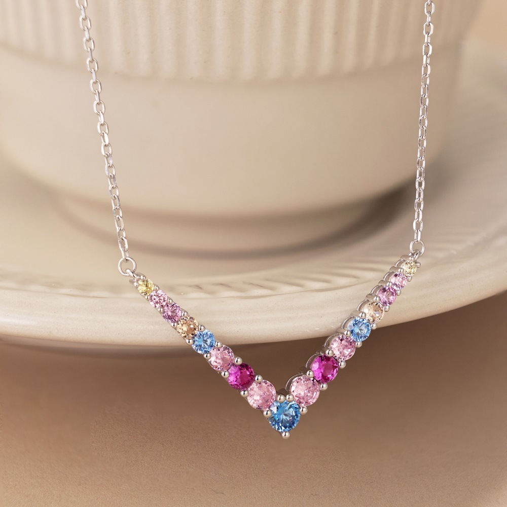 Korean New S Pure Sier Necklace V-shaped Full Zircon Inlaid Personalized Fashion Versatile Women's collarbone Chain