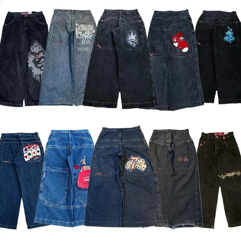 Men Y2K Hip Hop Harajuku JNCO Wide Leg Jeans High Quality Embroidered Denim Pants Streetwear Aesthetic Casual Baggy Trousers jeans