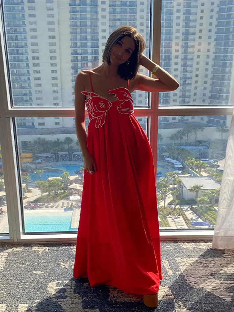 Summer Chic Red Fish Top Party Maxi Dress For Women Sexy Sling High Waist Ceremony Robe 2024 Holiday Lady Street Vestidos 240815