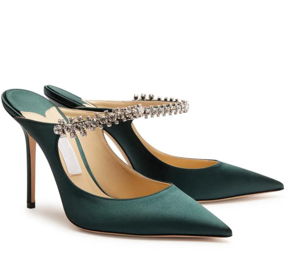 Blue satin pump Women's sandals Bing 100mm Sabot mules slide heels with rhinestones chain pointed toe & Crystal Embellished with box EU35-43