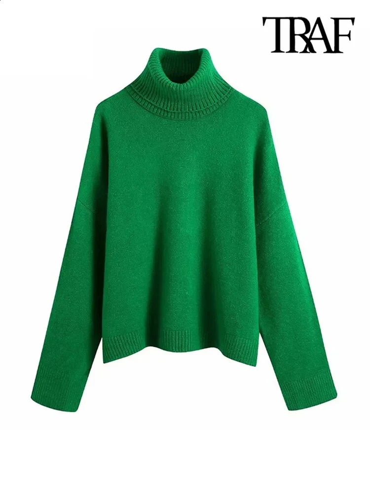 TRAF Womens Fashion Ribbed Decoration Loose Knitted Sweater Retro High Collar Long Sleeve Zipper Fashionable Top