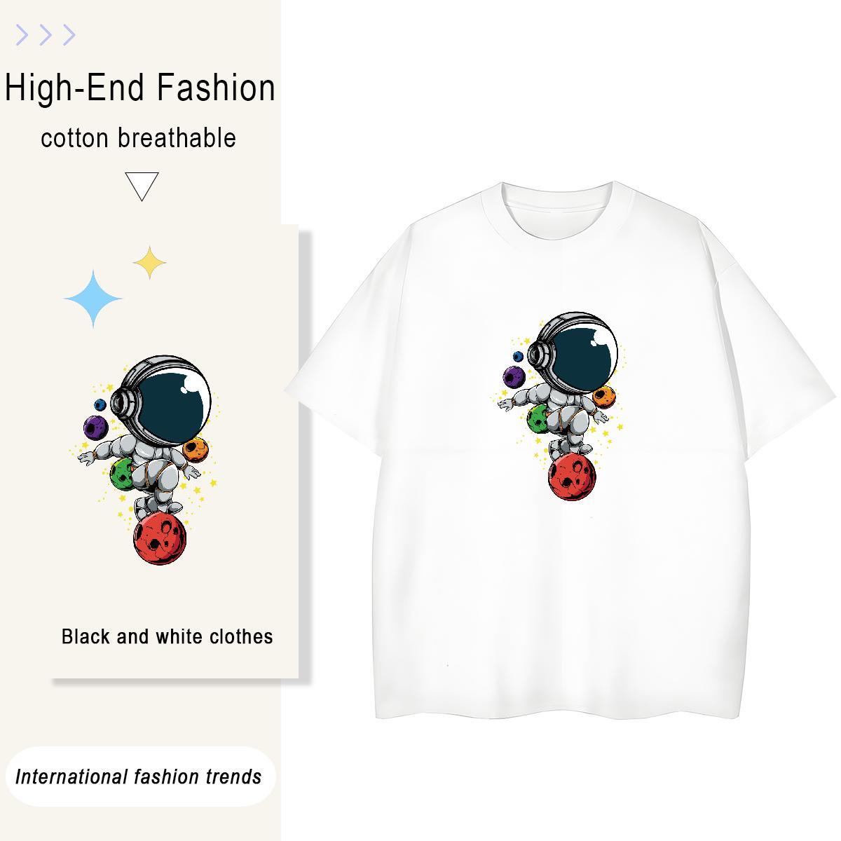 Soft Woman Tshirt 230g 100% Cotton cosmonaut Casual Sport T Shirts Women Crew Neck Cartoon Floral Printing Polos