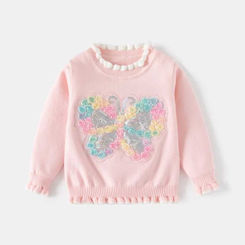 2024 Childrens Autumn New Baby Clothing sequin butterfly flower knitted top childrens pleated long sleeved cotton warm sweaterW240824