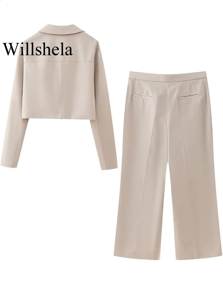 Willshela Women Fashion Two Piece Set Khaki Blazer With Pockets Vintage Front Zipper Trousers Feamle Chic Lady Pants Sets 240826