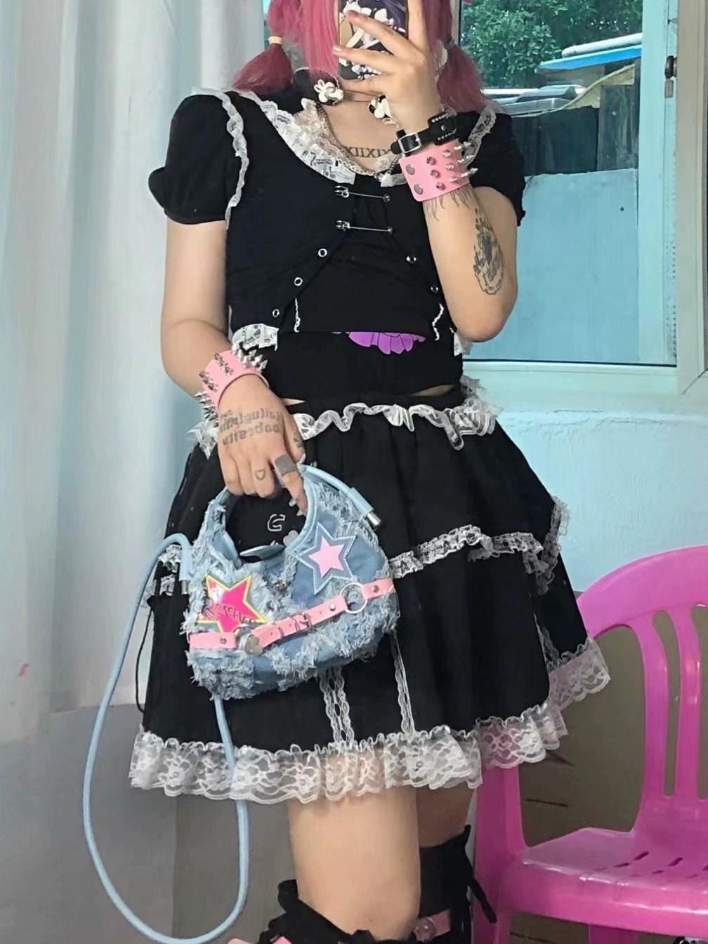 Y2K Millennium Sexy Girl Style Shoulder Bag In Pink Star & Punk Handbag, Ladies Street Fashionable Light Blue Destroyed Shoulder/Crossbody Bag, Trendy