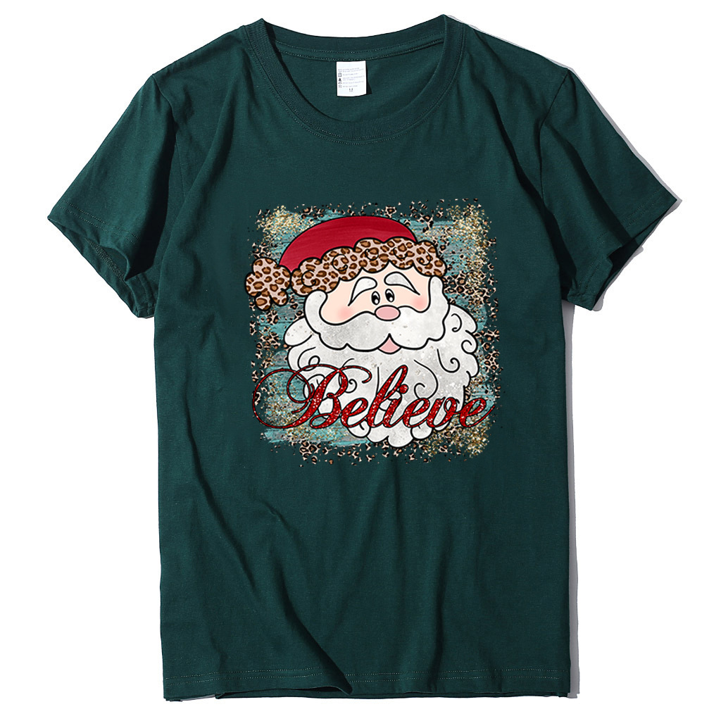New Believe Pattern Printed Casual Short Sleeve Christmas Women's T-shirt Round Neck dongdumaoyi