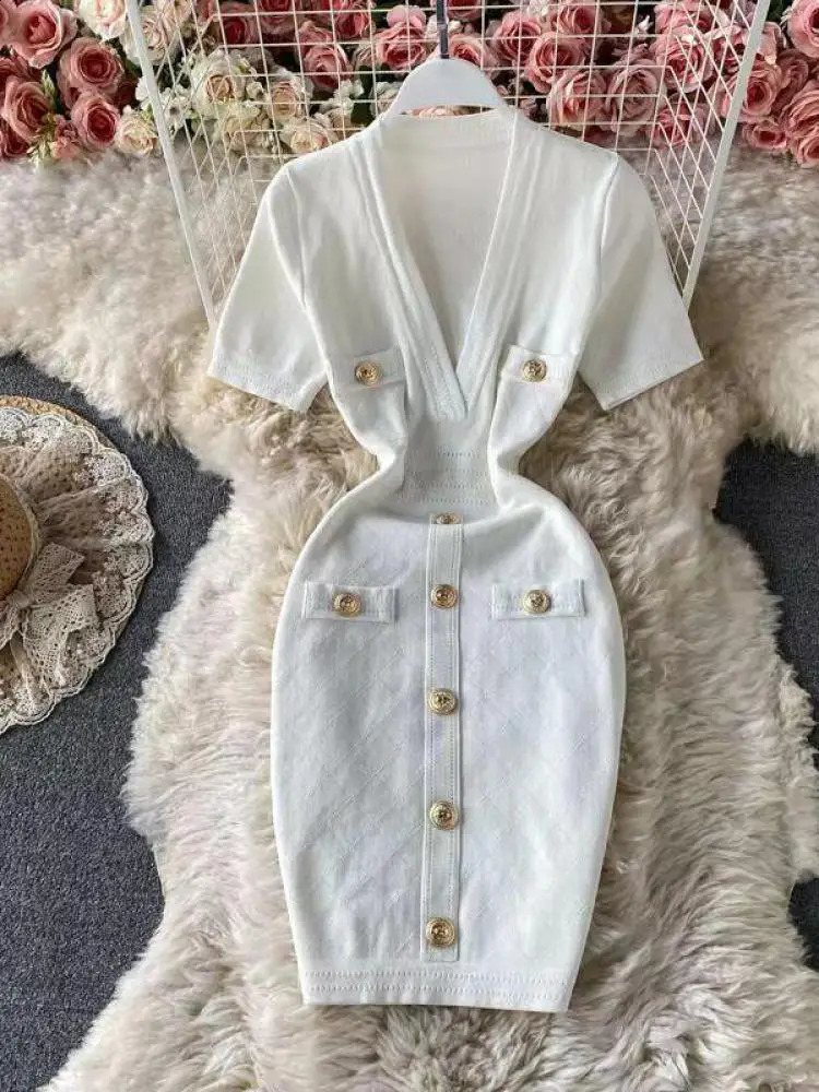 Lanjia- Womens Solid Deep Vneck Short Sleeve Elegant Aline Dress Springsummer Single Chest Office Knitted Wrap Hip Skirt 240826 976D4