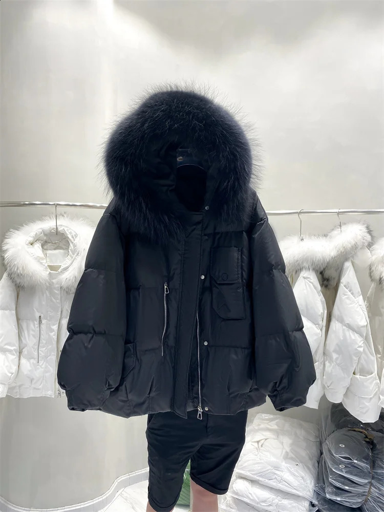 Real Natural raccoon fur Collar Women Winter White Duck Down Coat Female Solid Puffer Jacket Oversize Hooded Thicken Parkas 240824