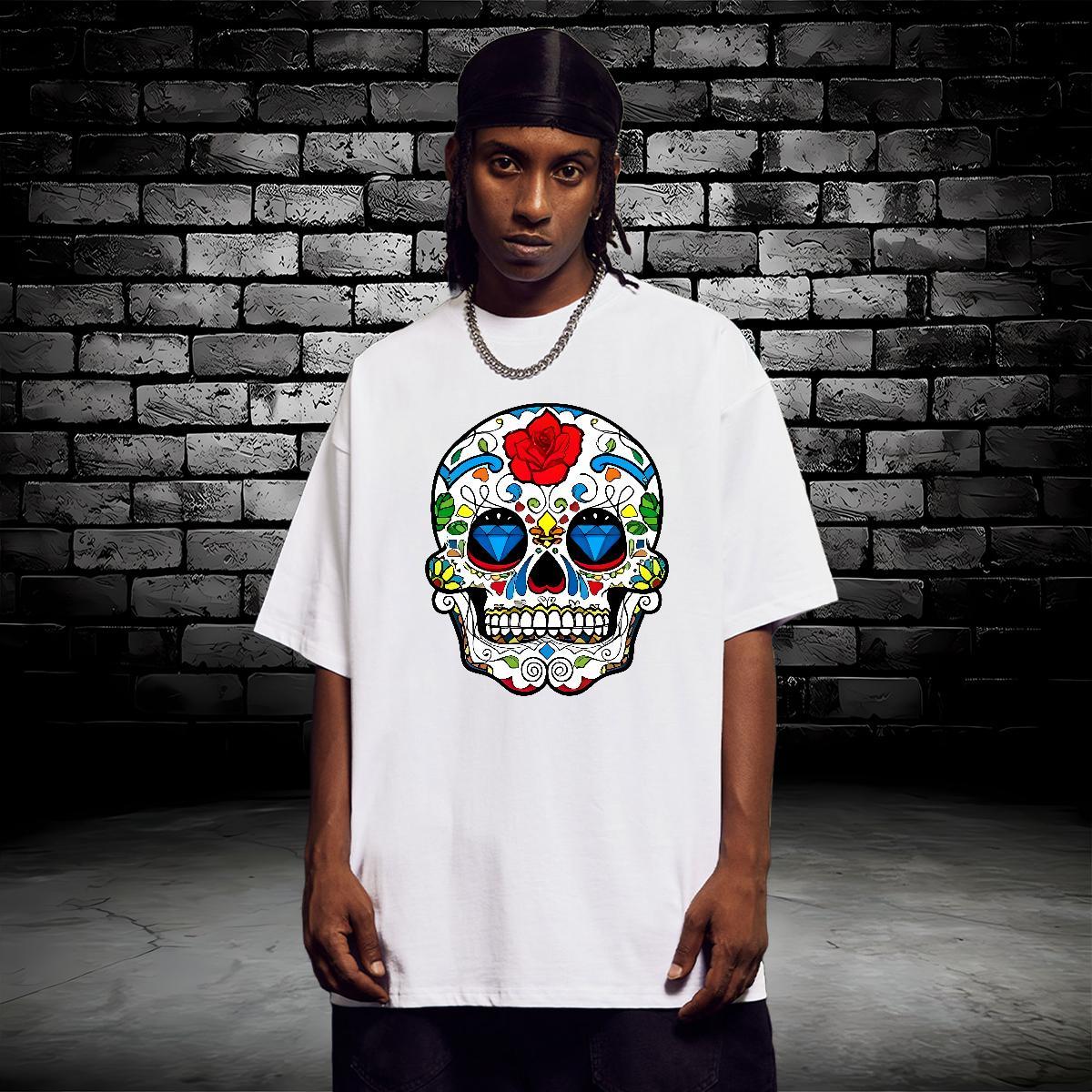 Classic T-Shirts for Men 230g Cotton skull Street wear Hip Hop Custom Big Size Breathable Short Sleeve Men Tops Tees 2024 Summer Clothes