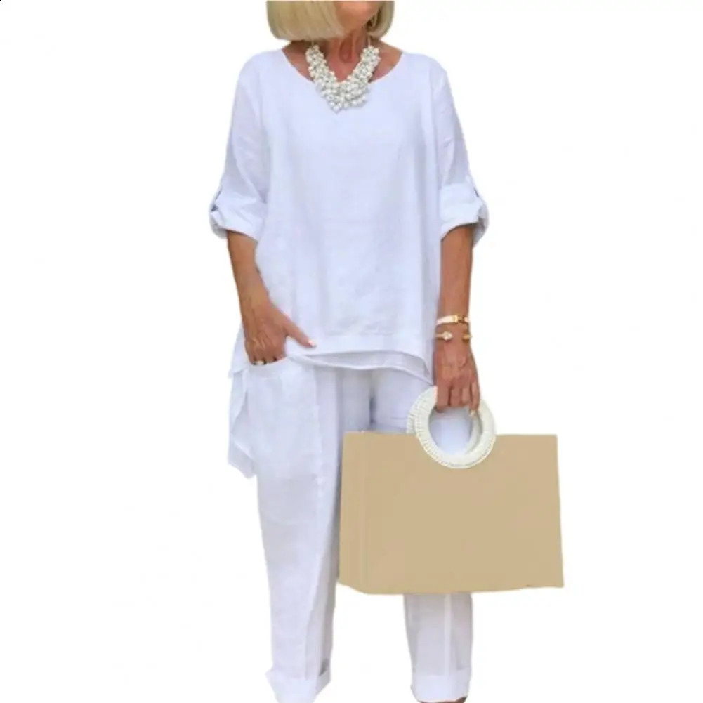 Two Piece Women Set Linen T-shirt Pants Solid Color Irregular Hem Elegant Suit Loose Women Outfit Summer 240826