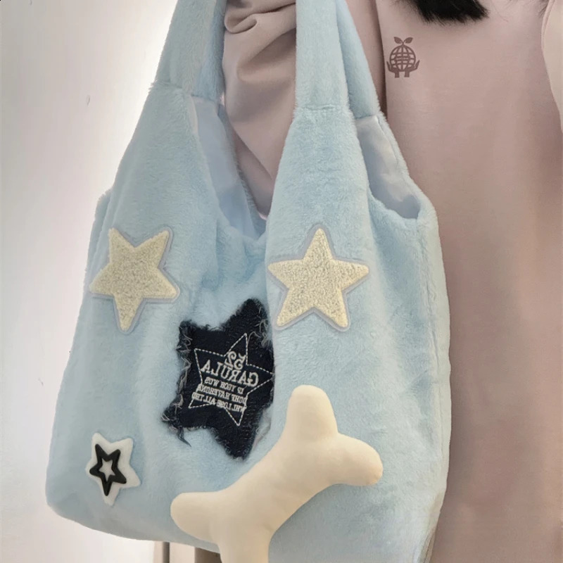 Furry Colored Star Women Kawaii Cute Shoulder Bags Korean Preppy Sweet Y2k Aesthetic Handbags Casual Fashion Chic Underarm Bag 240824