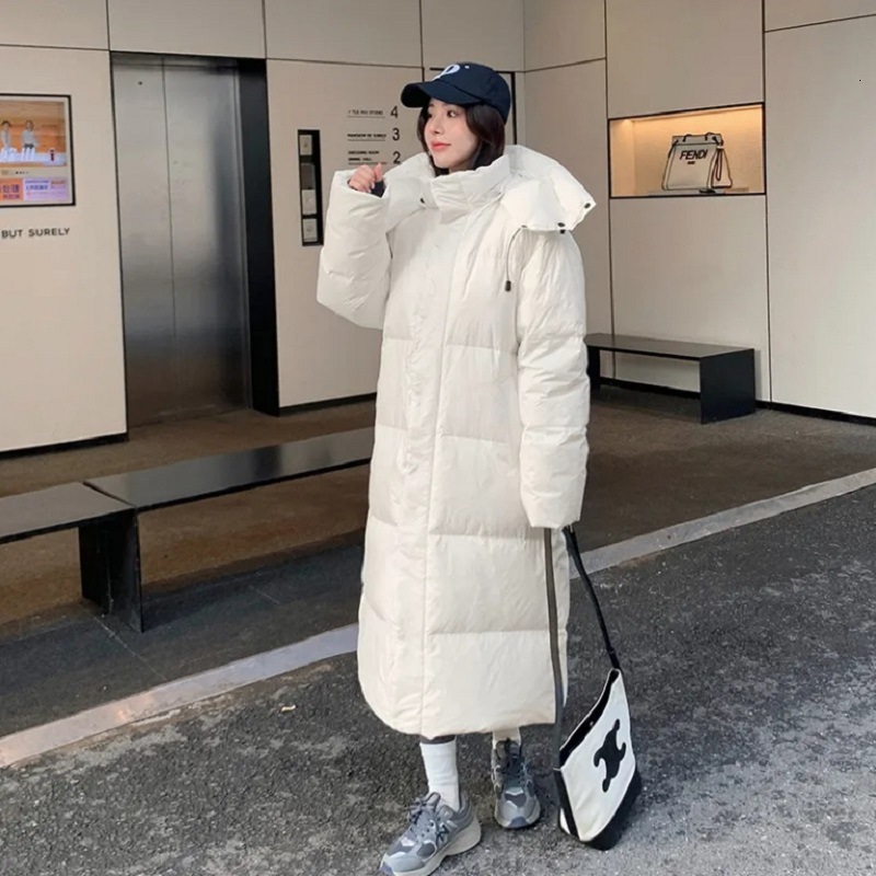 Winter New South Korea Dongdaemun Long Down Cotton Jacket Womens Thick Hooded Breadcoat Loose Knee Over Coat