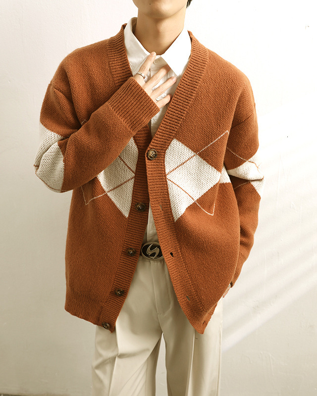 Korean Version New Loose Knitted Jacket Autumn and Winter Mens High-end and Stylish Design Diamond Grid Sweater Cardigan Mens