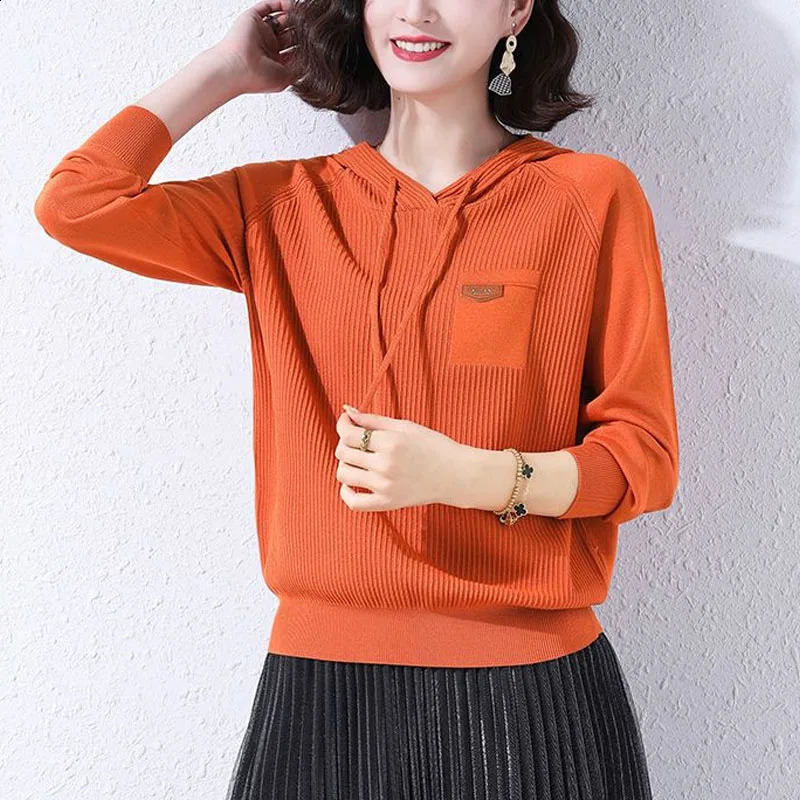 Spring and Autumn Fashion Solid Color Hooded Thread Ice Silk Knitted Sweater Temperament Womens Sweater 240824