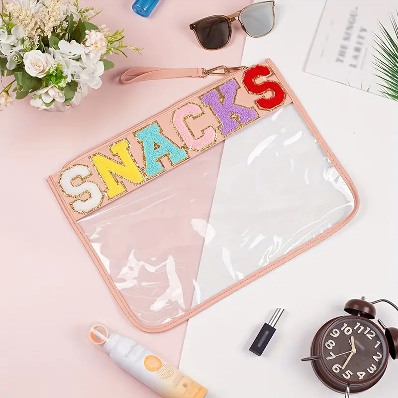 Snack storage bag Transparent pvc zipper bag embroidered alphabet hand makeup bag Portable PU waterproof toiletry bag