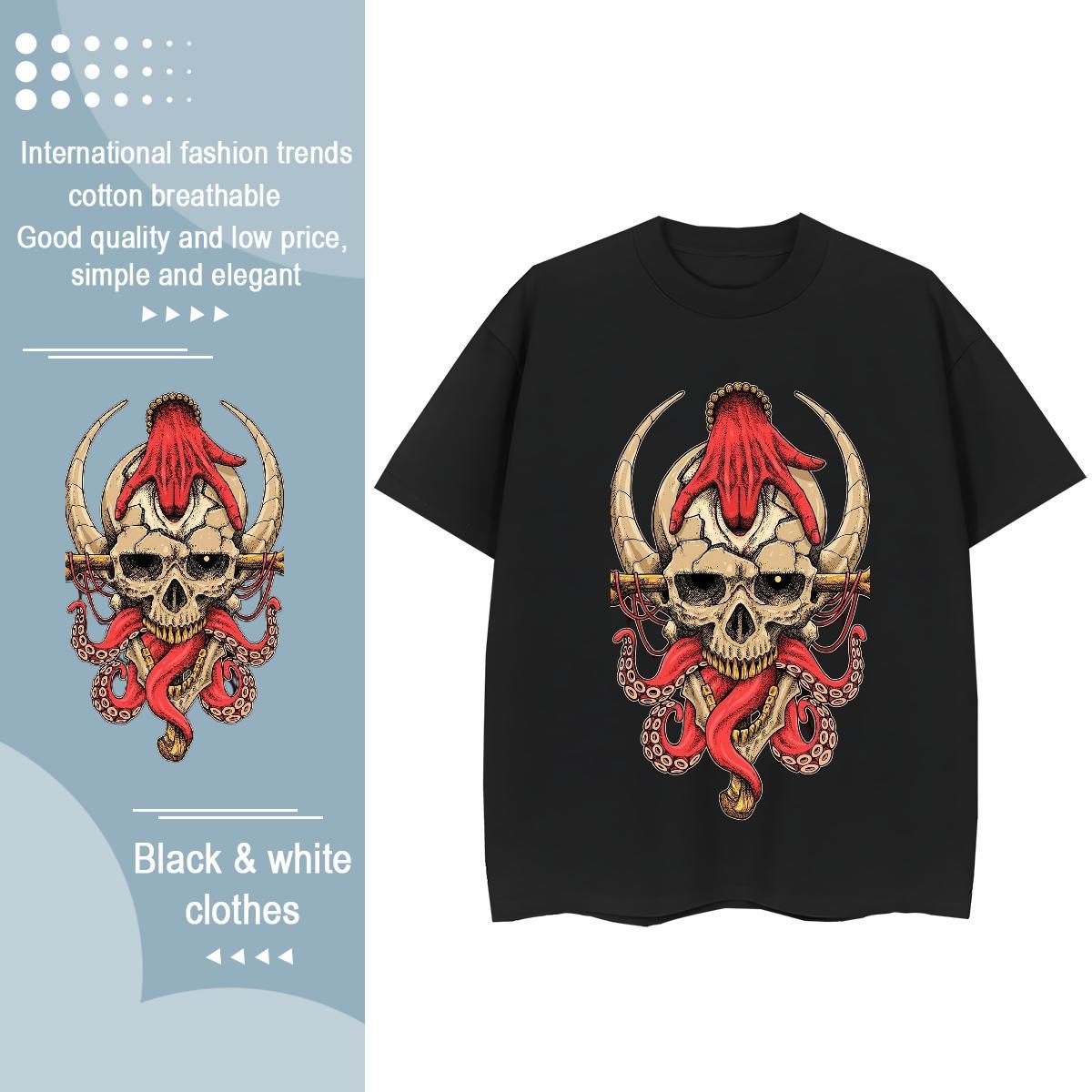 Unisex T shirt 230g 100% Cotton skull Street Wear Custom Anime O-Neck Short Sleeve Tshirt for Man Woman 2024 New Polos