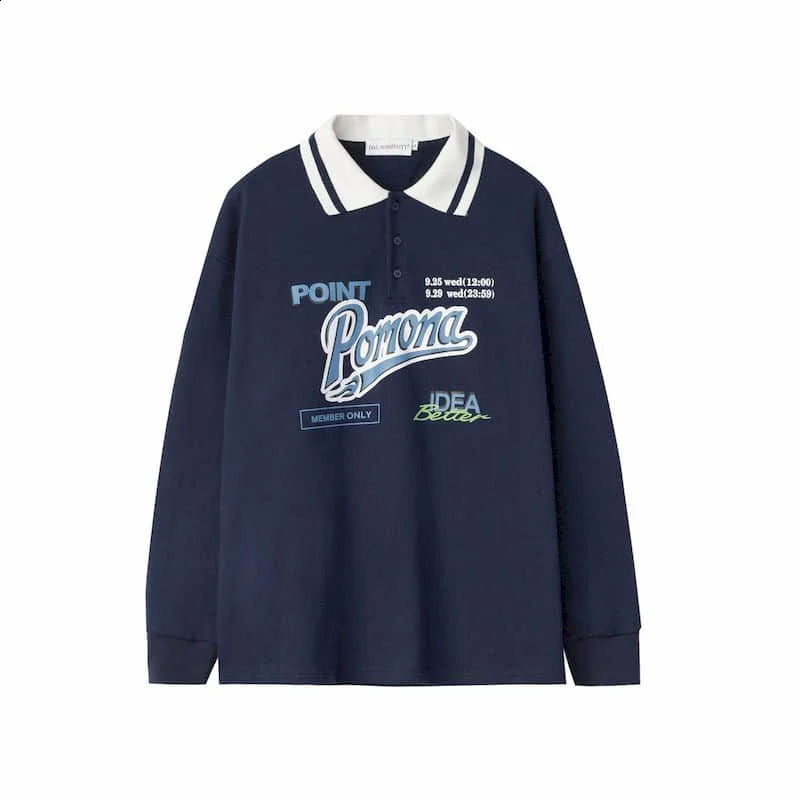 Mens Long-sleeved T-shirt American Retro Lapel Loose College Style POLO Shirt Student Sports Bottoming Tops Cool 240824