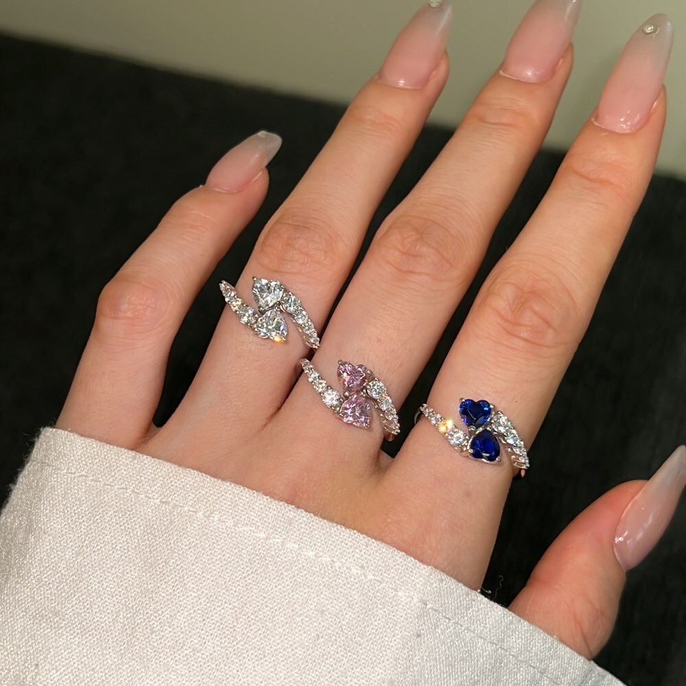 S pure sier ring, women's high-end feeg, blue pink ice wer cut zircon fashionable geometric heart ring
