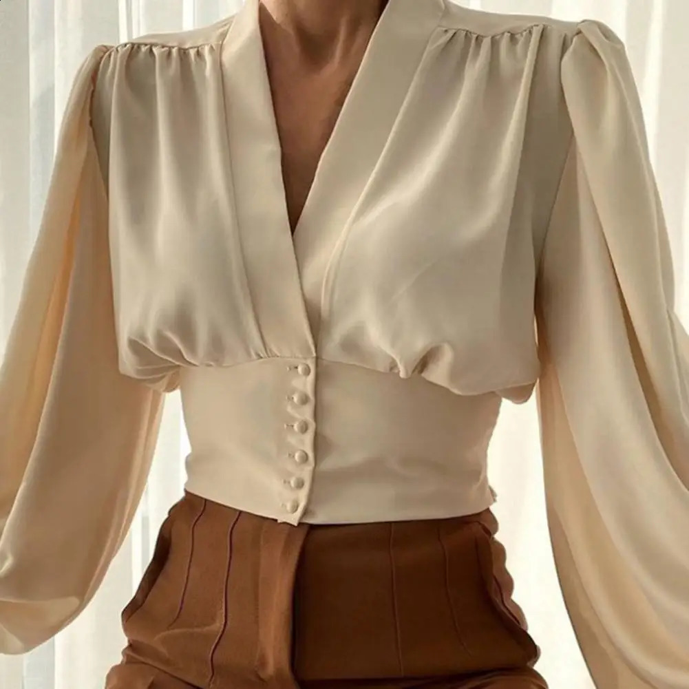 Fashion Women Shirt V-neck Slim Buttons Tight Shrinkable Cuffs Cropped Shirt Lantern Long Sleeve Flower Print Blouse 240814