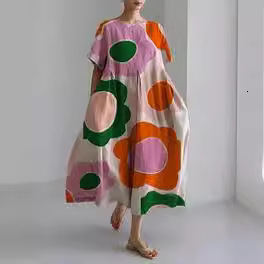 Summer New Womens Loose Round Neck Fashionable High End Short Sleeve Printed Dress