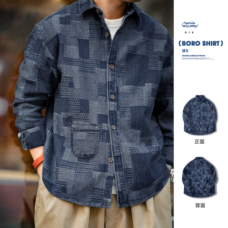 Maden Japanese Retro Boro Denim Mens Jacquard Splicing Long Sleeve Button Up Shirt Jacket Oversized Spring Coat 240824